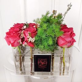 9 роз с зеленью в акриловой коробке