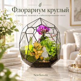 Флорариум круглый с орхидеей, зеленью и стабилизированным мхом