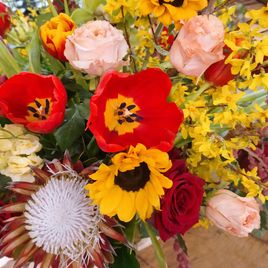 Корзина цветов с протеями, орхидеями, амарантом и форзицией