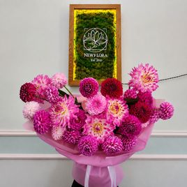 Букет 25 ярко-розовых георгинов (цвет микс)