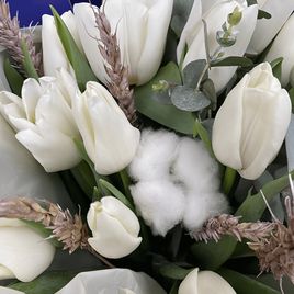 Букет из 15 белых тюльпанов с хлопком, рожью и эвкалиптом