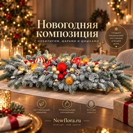 Новогодняя композиция с нобилисом, шарами и шишками
