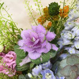 Букет из роз с брассикой, дельфиниумом, орнитогалумом и тласпи