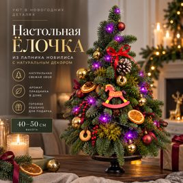 Настольная ёлочка из лапника с фиолетовой гирляндой, сушёными апельсинами и мхом (40–50 см)
