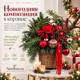 Новогодняя композиция в корзине с лапником пихты, корягами и красными украшениями