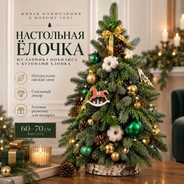 Настольная ёлочка из лапника нобилиса с бутонами хлопка на берёзовом спиле (60–70 см)