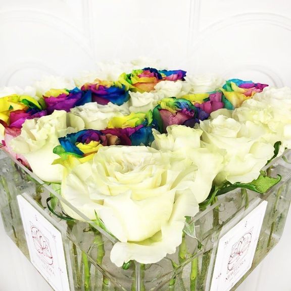 25 радужных и белых роз в акриловой коробке