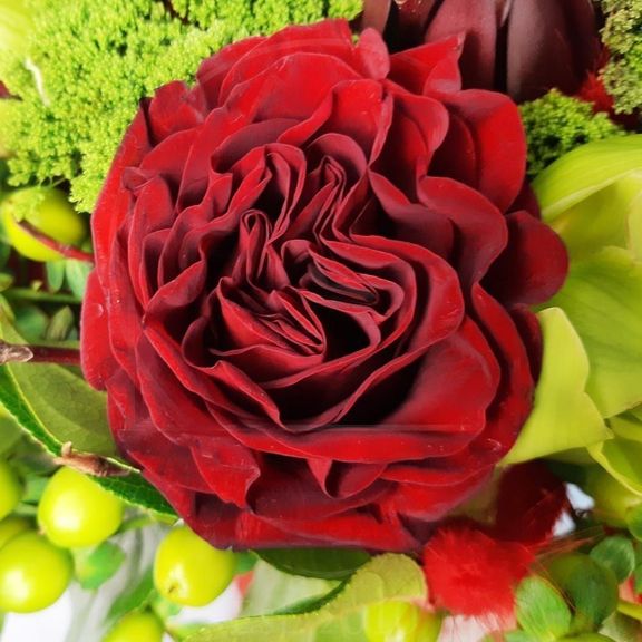 Букет 5 красных роз с орхидеями и гиперикум