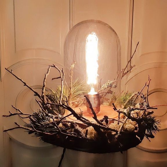 Ретро светильник лампа Эдисона в колбе на березовом спиле с ягелем, питание от сети