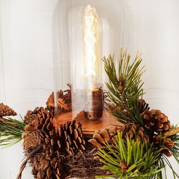 Ретро светильник лампа Эдисона в колбе с шишками и ветками сосны, питание от сети