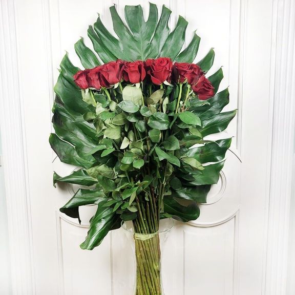 Букет 51 красная роза высотой 100см с гигантской монстерой