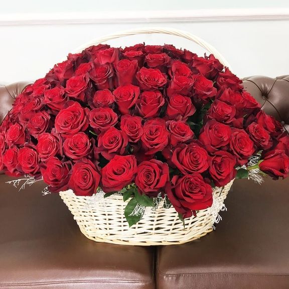 Корзина цветов 151 красная роза с зеленью (Юж. Америка)