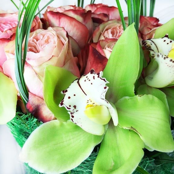 Букет 35 пионовидных роз с зелеными орхидеями