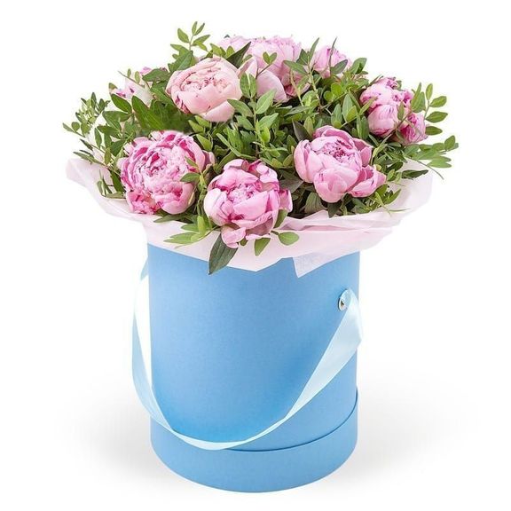 Шляпная коробка 17 крупных розовых пионов с зеленью