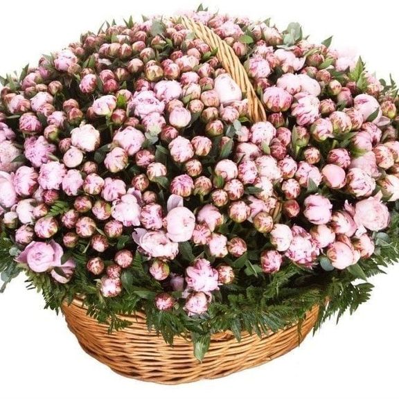 Большая корзина цветов 501 розовый пион (РФ) с папоротником