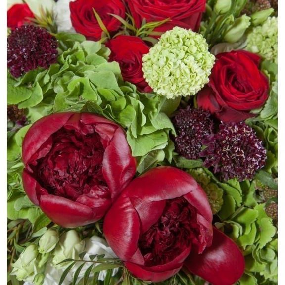 Букет 15 красных пионов с розами, гортензией, скабиозой и эвкалиптом