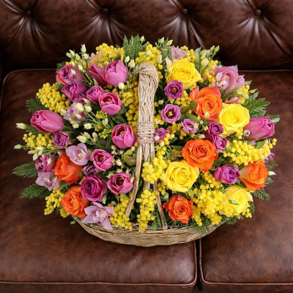 Корзина цветов с мимозой, розами, тюльпанами, орхидеями и зеленью