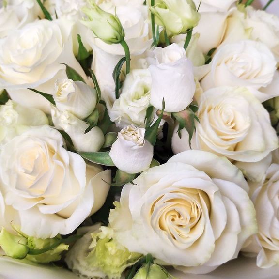 Букет 35 белых роз с белым лизиантусом (заказчик Bentley)