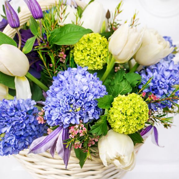 Корзина цветов с тюльпанами, гиацинтами, клематис и вибурнум