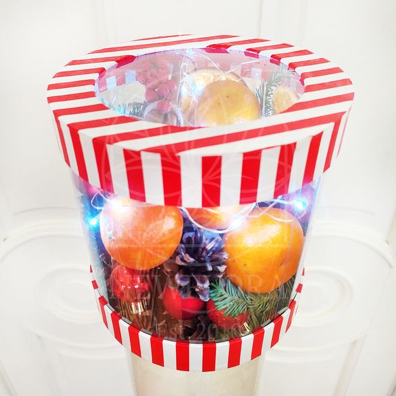Прозрачная коробка с мандаринами и гирляндой на Новый Год (D20см)