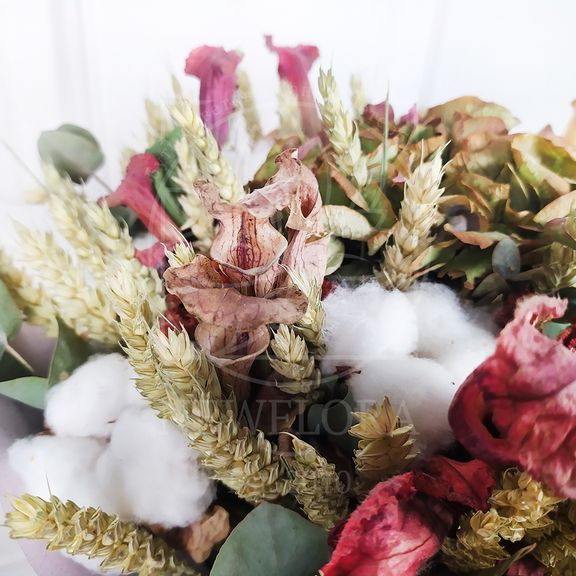 Букет сухоцветов с целозией и цветами хищниками «саррацения»