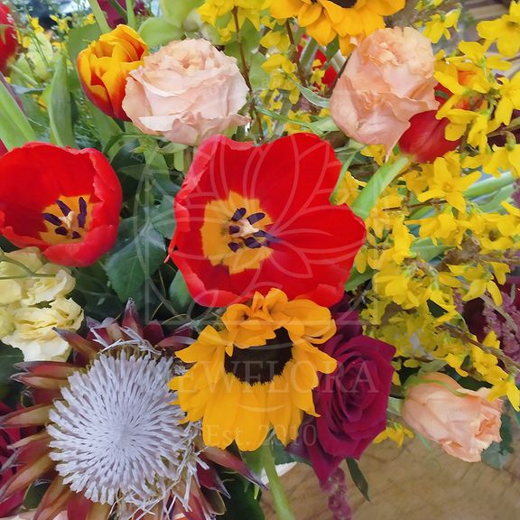 Корзина цветов с протеями, орхидеями, амарантом и форзицией