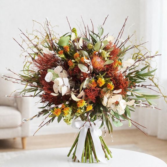 Букет сухоцветов с лунарией, диким шафраном и вербой