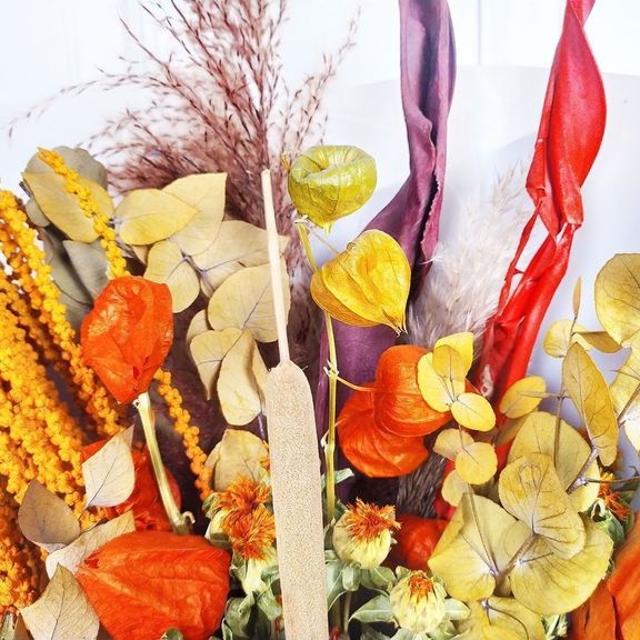 Букет экзотических сухоцветов с кариотой, шафраном и физалисом