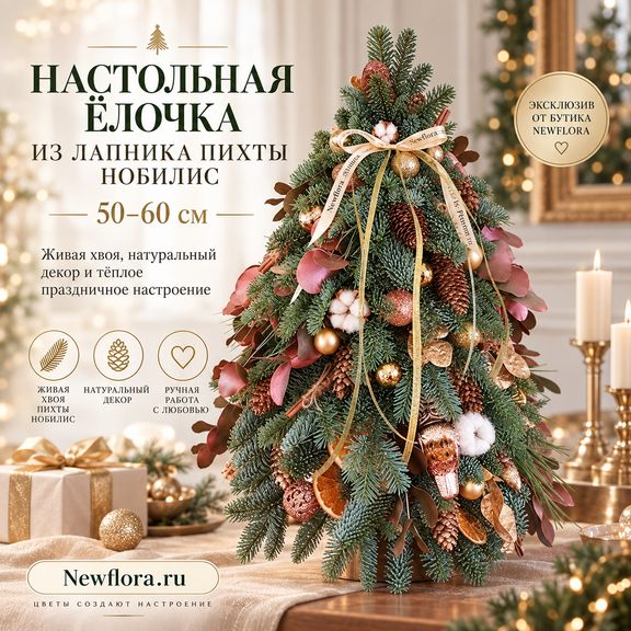 Настольная ёлочка из лапника пихты нобилис с брауни декором (50-60 см)