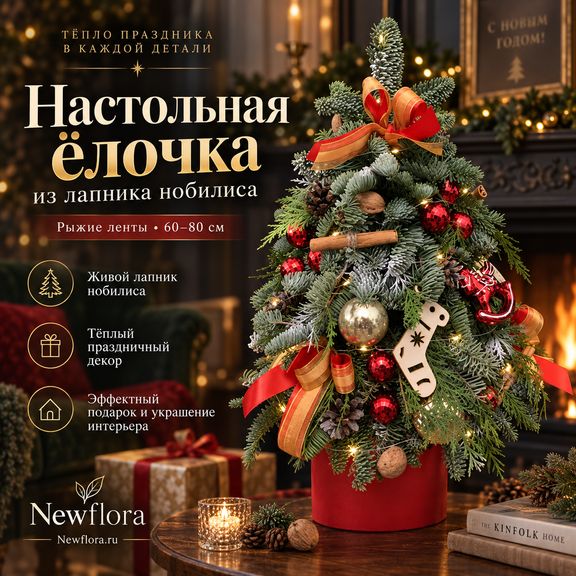 Настольная ёлочка из лапника нобилиса с рыжими лентами (60-80 см)