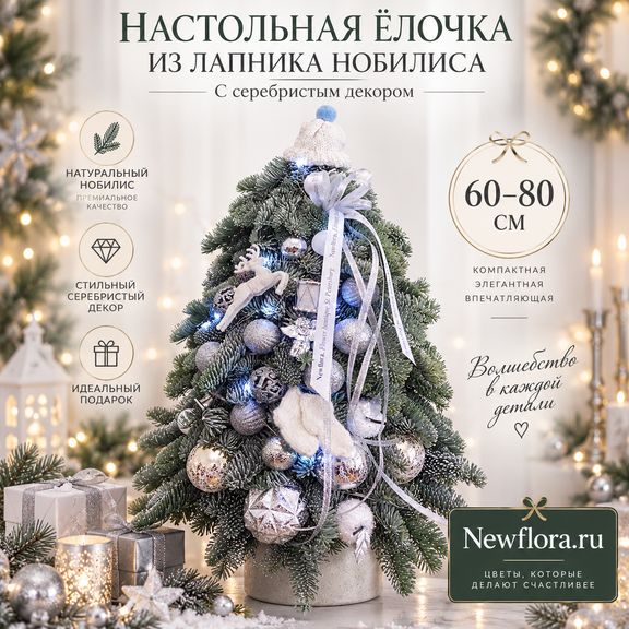 Настольная ёлочка из лапника нобилиса с серебристыми декором (60-80 см)