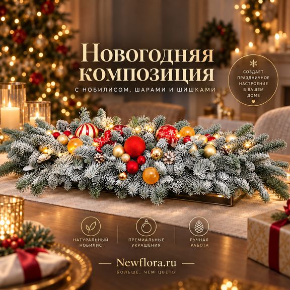 Новогодняя композиция с нобилисом, шарами и шишками