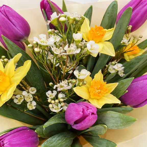Букет из 9 фиолетовых тюльпанов с нарциссами и ваксфлауэр