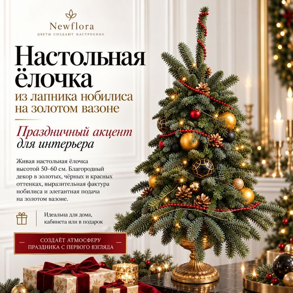 Настольная ёлочка из лапника нобилиса на золотом вазоне (50–60 см)