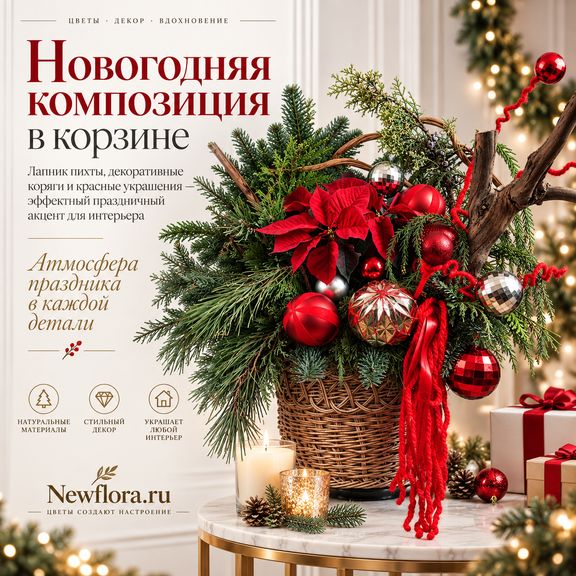 Новогодняя композиция в корзине с лапником пихты, корягами и красными украшениями