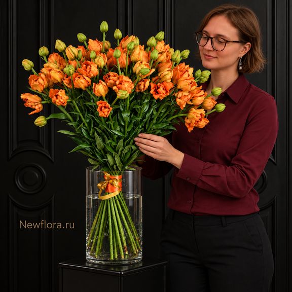 Букет 35 попугайных оранжевых лилий «Orange Lampion» 100 см