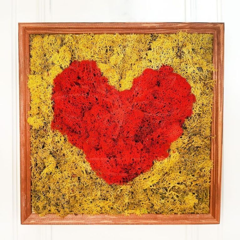 Картина красное сердце из стабилизированного мха 30×30см