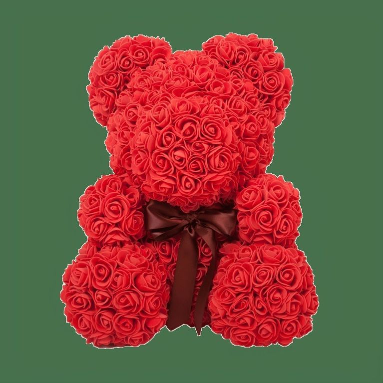 Красный мишка из фоамирановых роз с бантом 40 см