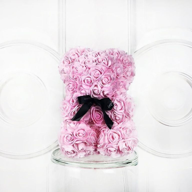 Мишка розовый из фоамирановых роз маленький 25 см (с ароматом)