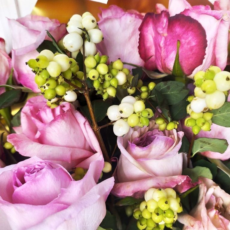 Букет 25 пионовидных розовых роз Pink Ohara и снежноягодник