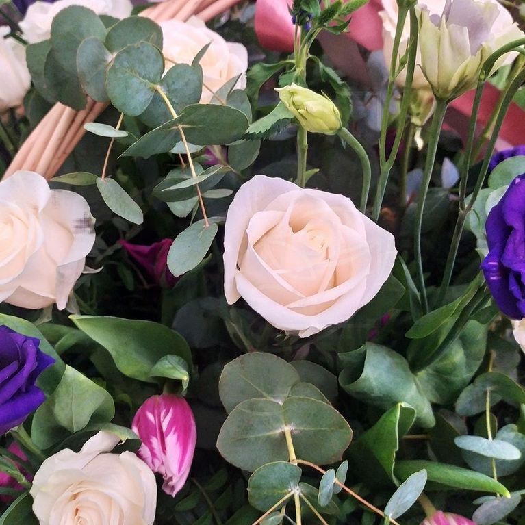 Корзина 45 роз с вероникой, тюльпанами и лизиантусами