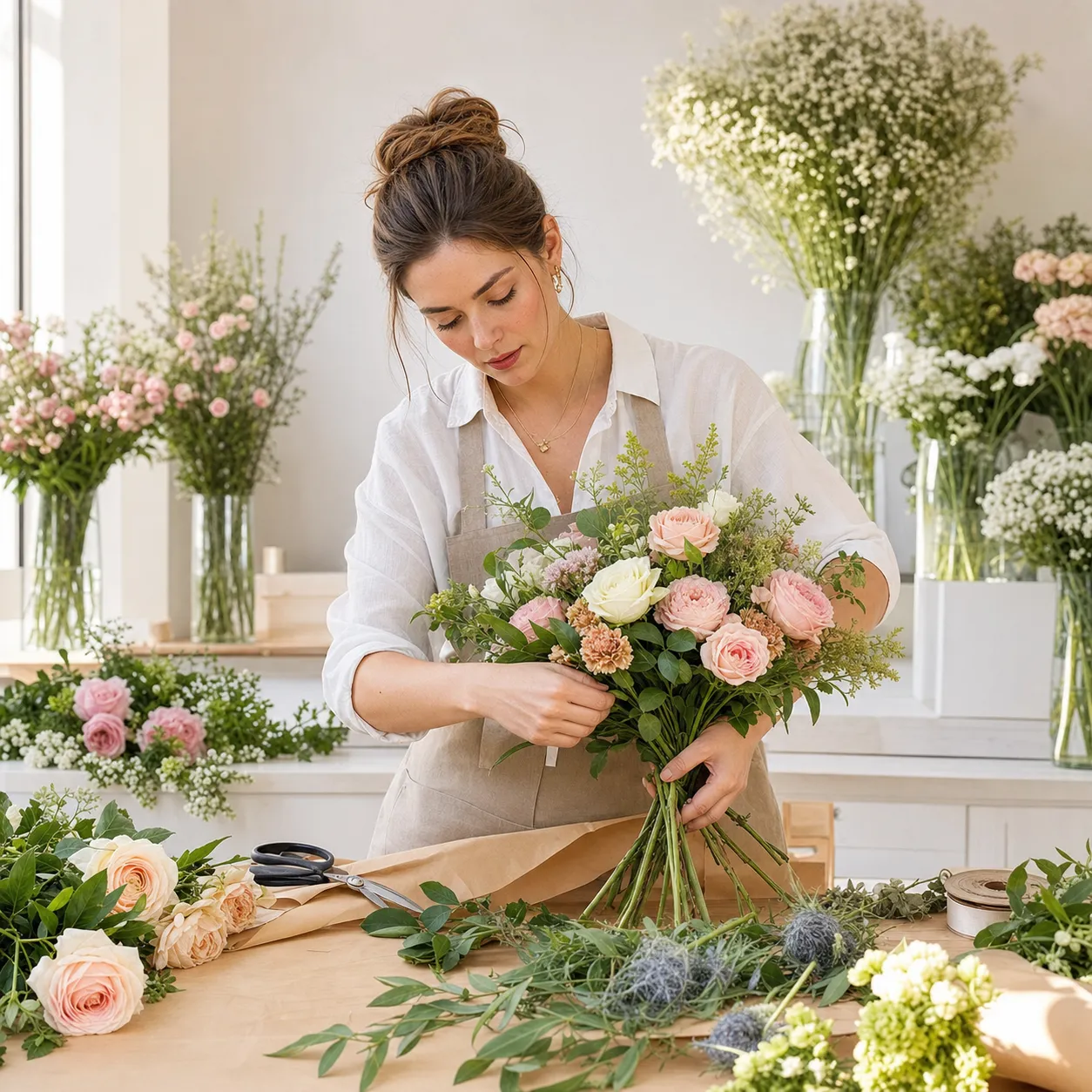 Флорист Newflora собирает букет для цветочной подписки