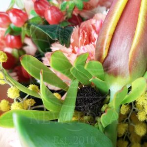 Маленькая корзина цветов с тюльпанами и мимозой