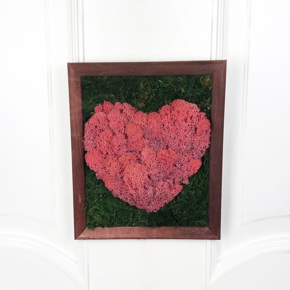 Картина розовое сердце из стабилизированного мха 26×30см