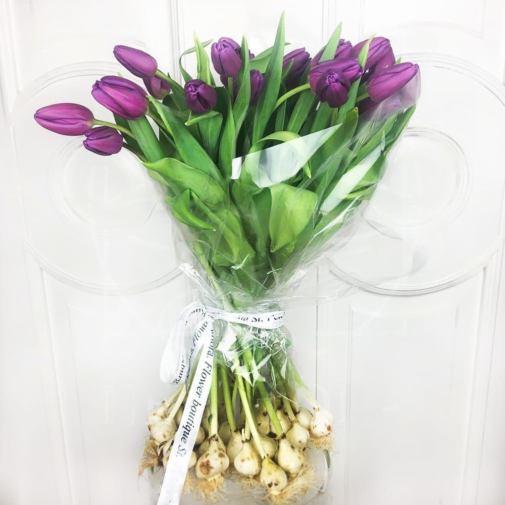 Букет 25 высоких фиолетовых тюльпанов с луковицей (от 60см)
