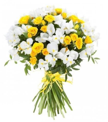 Букет 35 белых ирисов с кустовыми розами