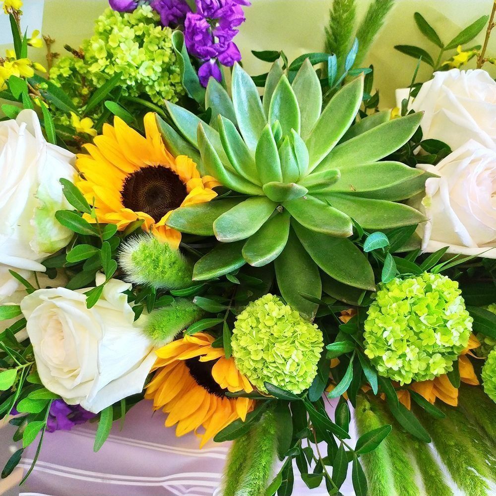 Букет подсолнухов с эхеверией, вибурнум и форзицией купить с доставкой ...